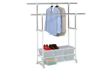 Clothes Holder With Storage Cabinet, Mobile Clothes Rack, Rolling Clothes Stand